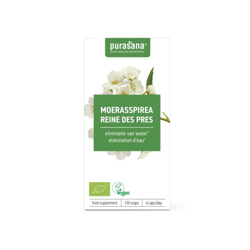 Purasana Moerasspirea vegan bio herbal capsules in a bottle with a label showing the product name and brand.