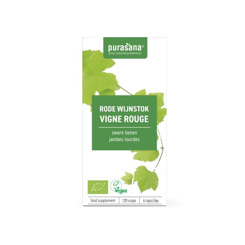 Purasana Rode wijnstok vegan bio capsules in a bottle, herbal supplement for vegetarians, with label and capsules visible.