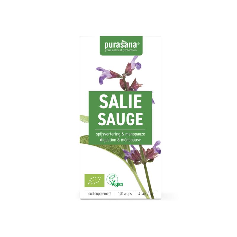 Purasana Salie vegan bio herbal capsules, vegetarian supplement in a clear bottle with label, for natural herbal health support.