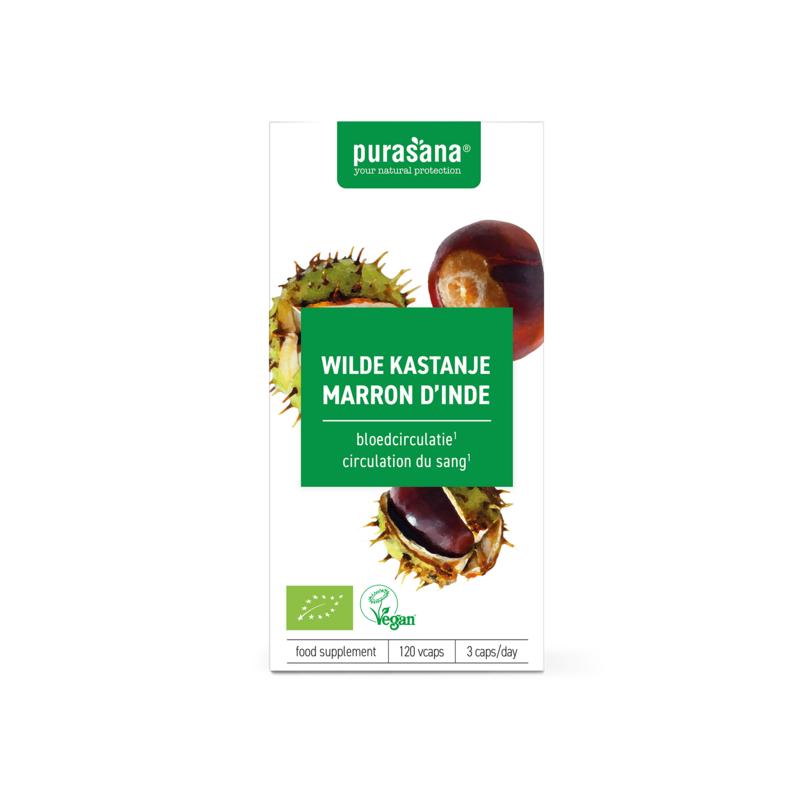 Purasana Wilde kastanje vegan bio capsules, vegetarian herbal supplement, shown in a clear container with capsules inside.