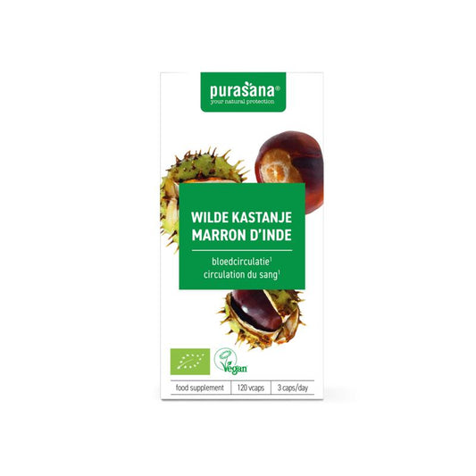 Purasana Wilde kastanje vegan bio capsules, vegetarian herbal supplement, shown in a clear container with capsules inside.