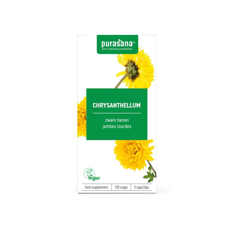 Purasana Chrysanthellum vegan herbal capsules in a bottle, vegetarian supplement for herbal health support.