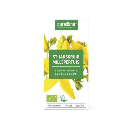 Purasana Sint Janskruid vegan bio capsules in a jar, vegetarian herbal supplement packaging with capsules visible inside.