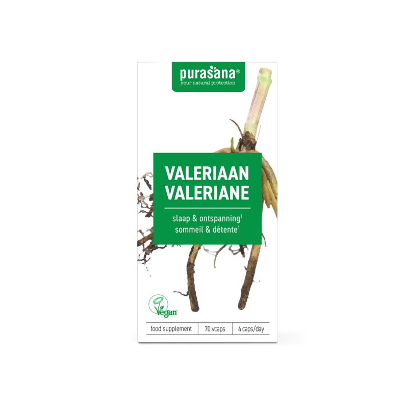Purasana Valeriaan vegan herbal capsules in a bottle, vegetarian dietary supplement for relaxation and sleep support.