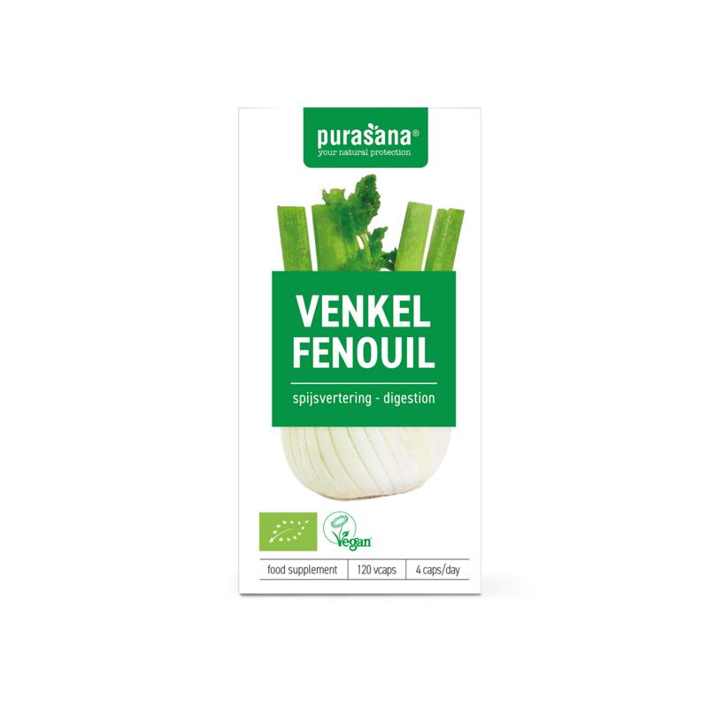 Purasana Venkel vegan bio herbal capsules in a bottle, vegetarian supplement with 120 capsules, for digestive health.