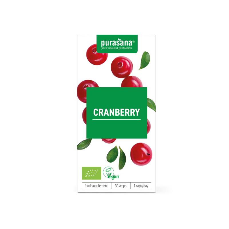 Purasana Cranberry vegan organic herbal capsules in a bottle, showing 30 vegetarian capsules for dietary supplement use.