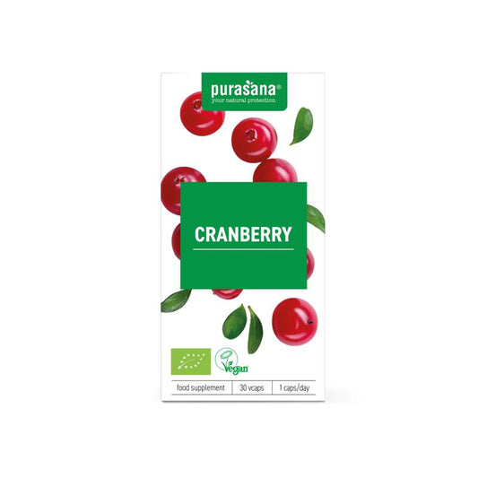 Purasana Cranberry vegan organic herbal capsules in a bottle, showing 30 vegetarian capsules for dietary supplement use.
