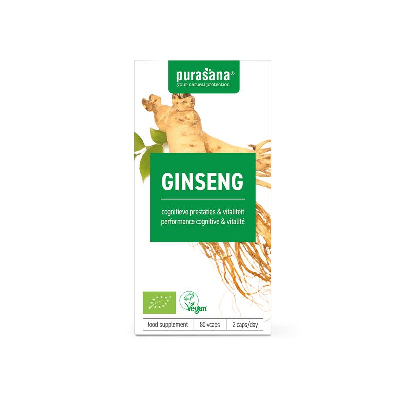 Purasana Ginseng vegan bio herbal capsules in a bottle, showcasing the vegetarian supplement packaging.