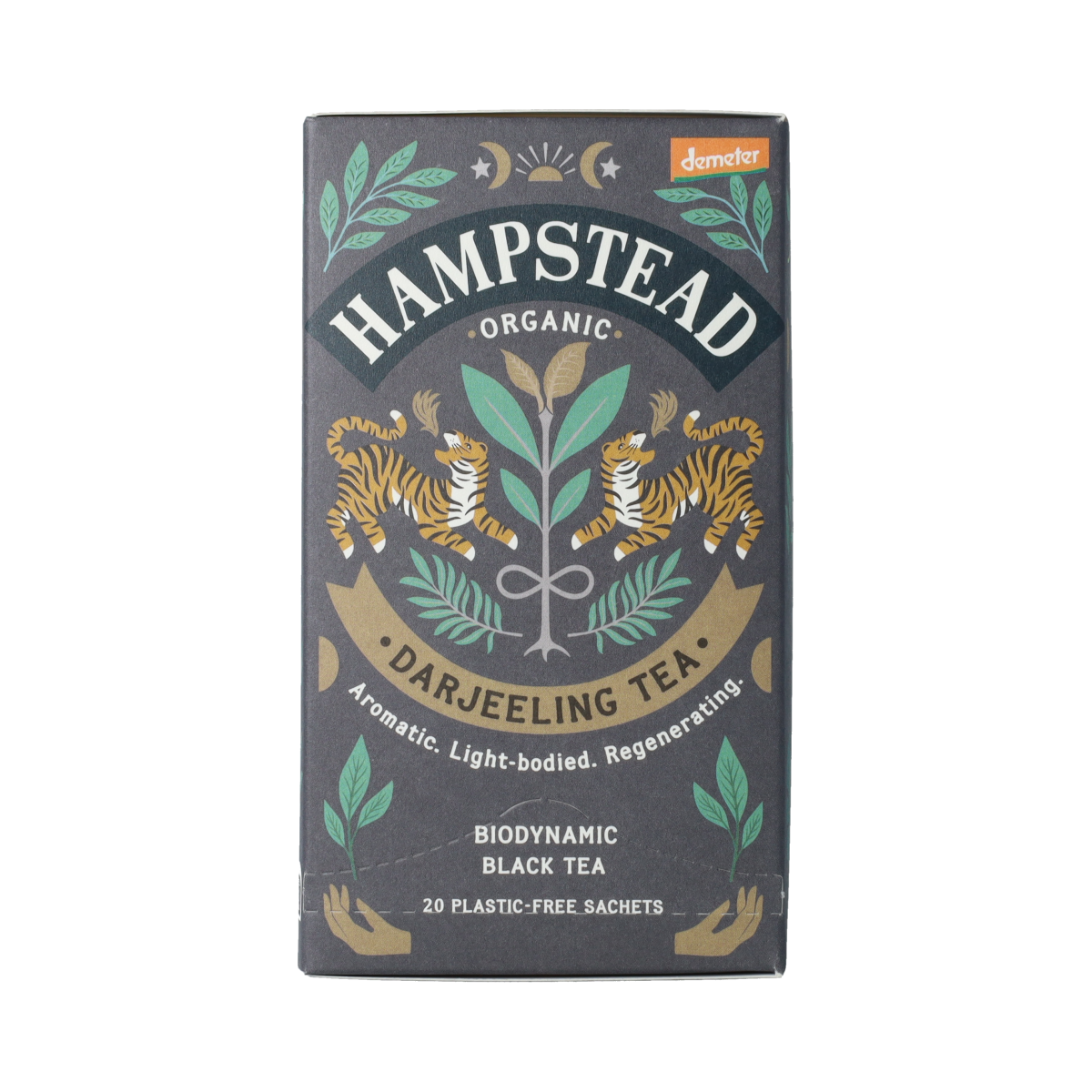 Hampstead Darjeeling bio Demeter tea in 20 tea bags, showcasing the packaging of this organic, aromatic black tea.
