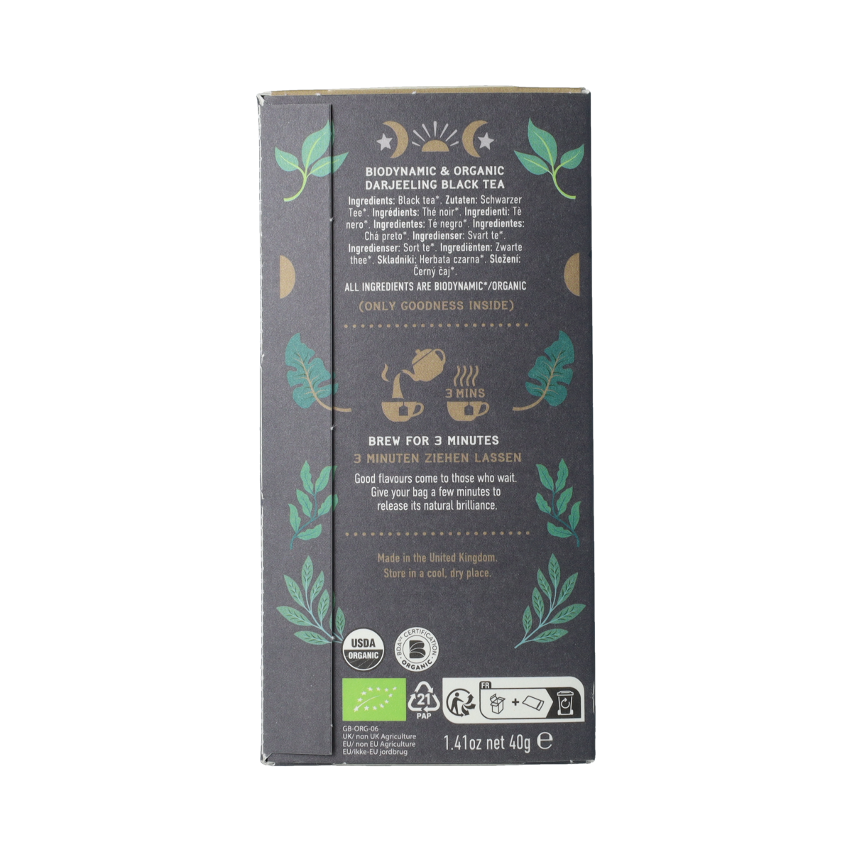 Hampstead Darjeeling bio Demeter tea bags, 20-count, with tea leaves and packaging visible in the image.