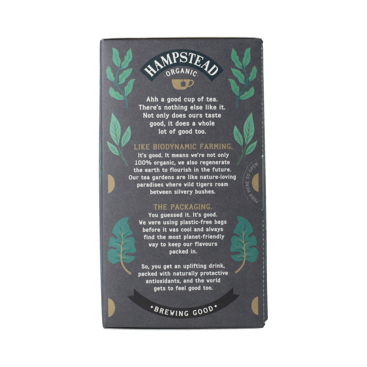Hampstead Darjeeling bio Demeter tea in a box of 20 tea bags, showcasing the packaging and tea leaves inside.