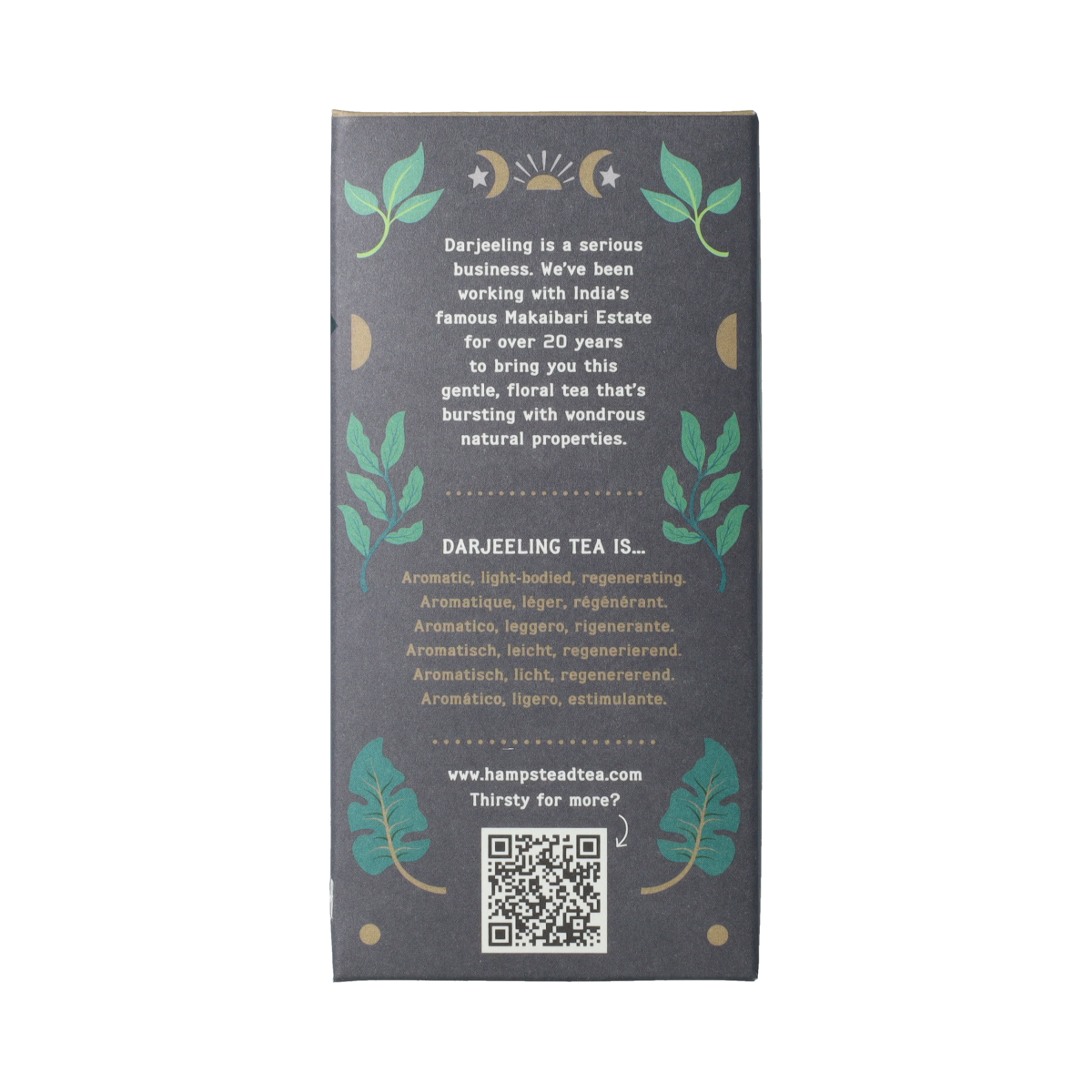Organic Hampstead Darjeeling tea bags, 20-count, in a natural and fresh appearance with tea leaves and packaging visible.