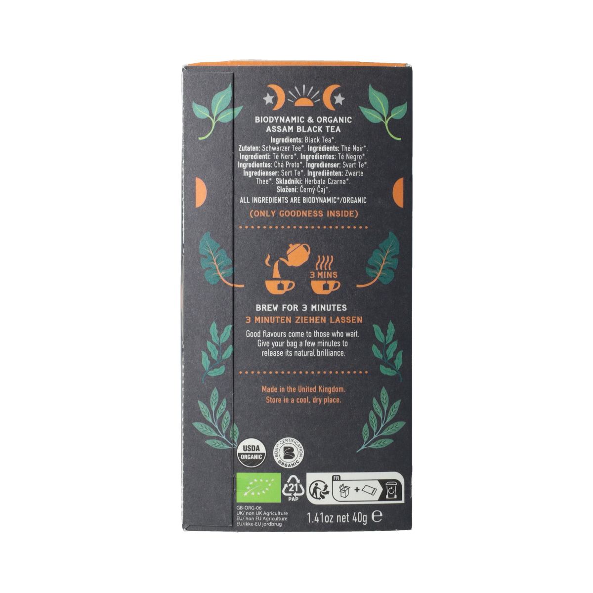 Organic Hampstead Assam bio Demeter tea bags, 20-count, with fresh, aromatic tea leaves in a colorful packaging.