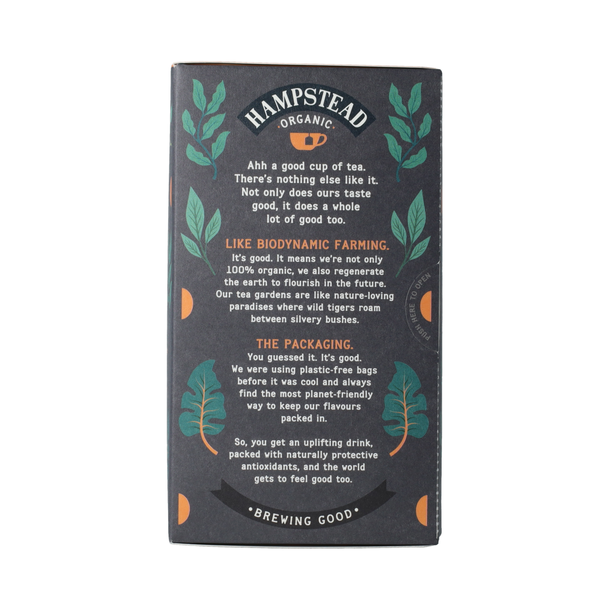 Hampstead bio Assam tea in 20 tea bags, natural and organic, with a close-up of the tea packaging and branding.