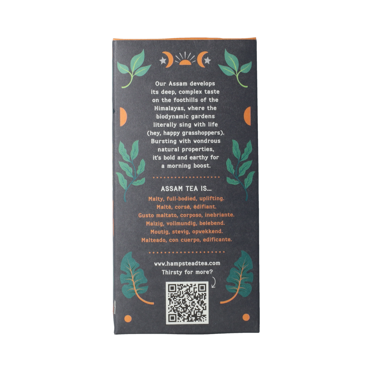 Hampstead Assam bio Demeter tea in 20 tea bags, natural and organic, with packaging showing tea leaves and branding details.