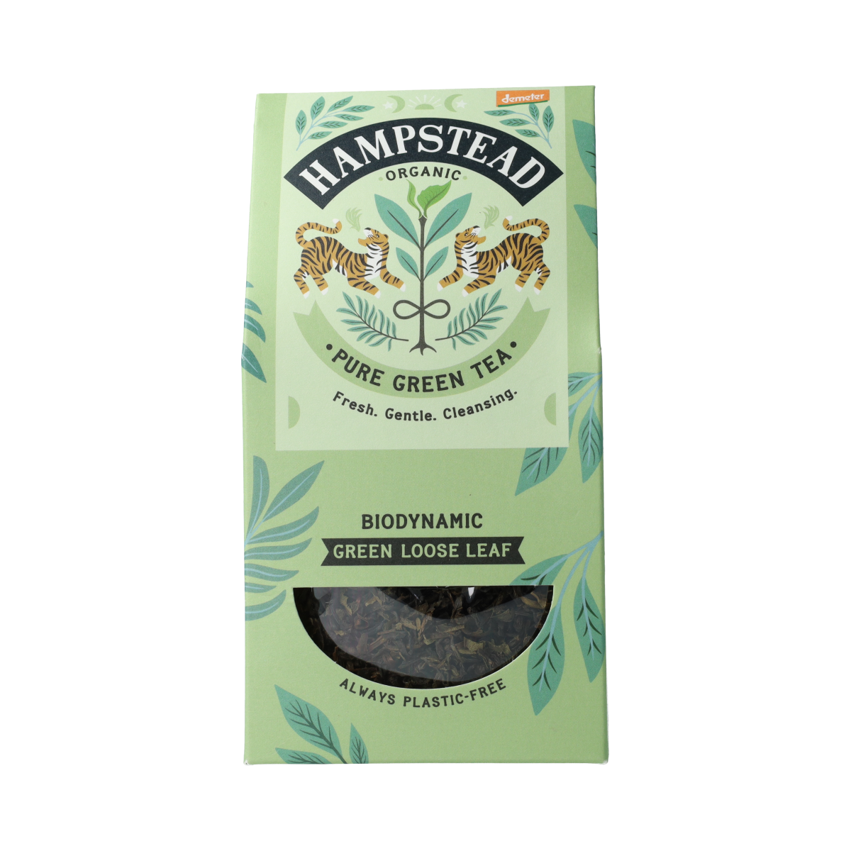 Hampstead organic green loose tea in a 100g package, featuring fresh, vibrant green tea leaves for brewing.