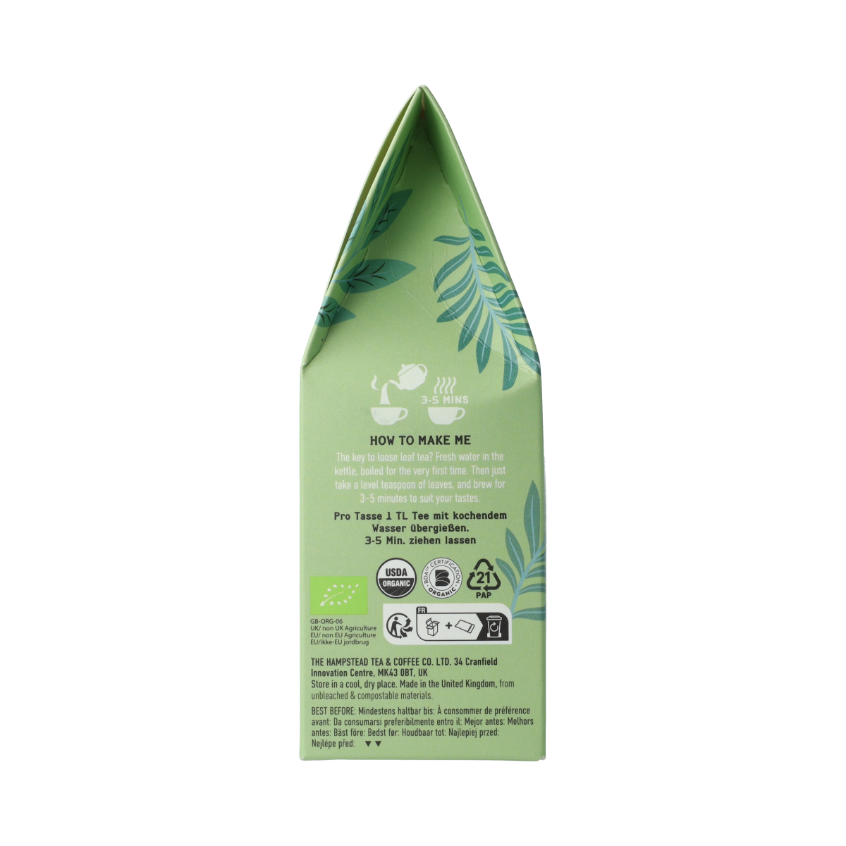 Hampstead Groene Thee Los Bio Demeter 100g, loose organic green tea in a clear container, highlighting natural, fresh tea leaves.
