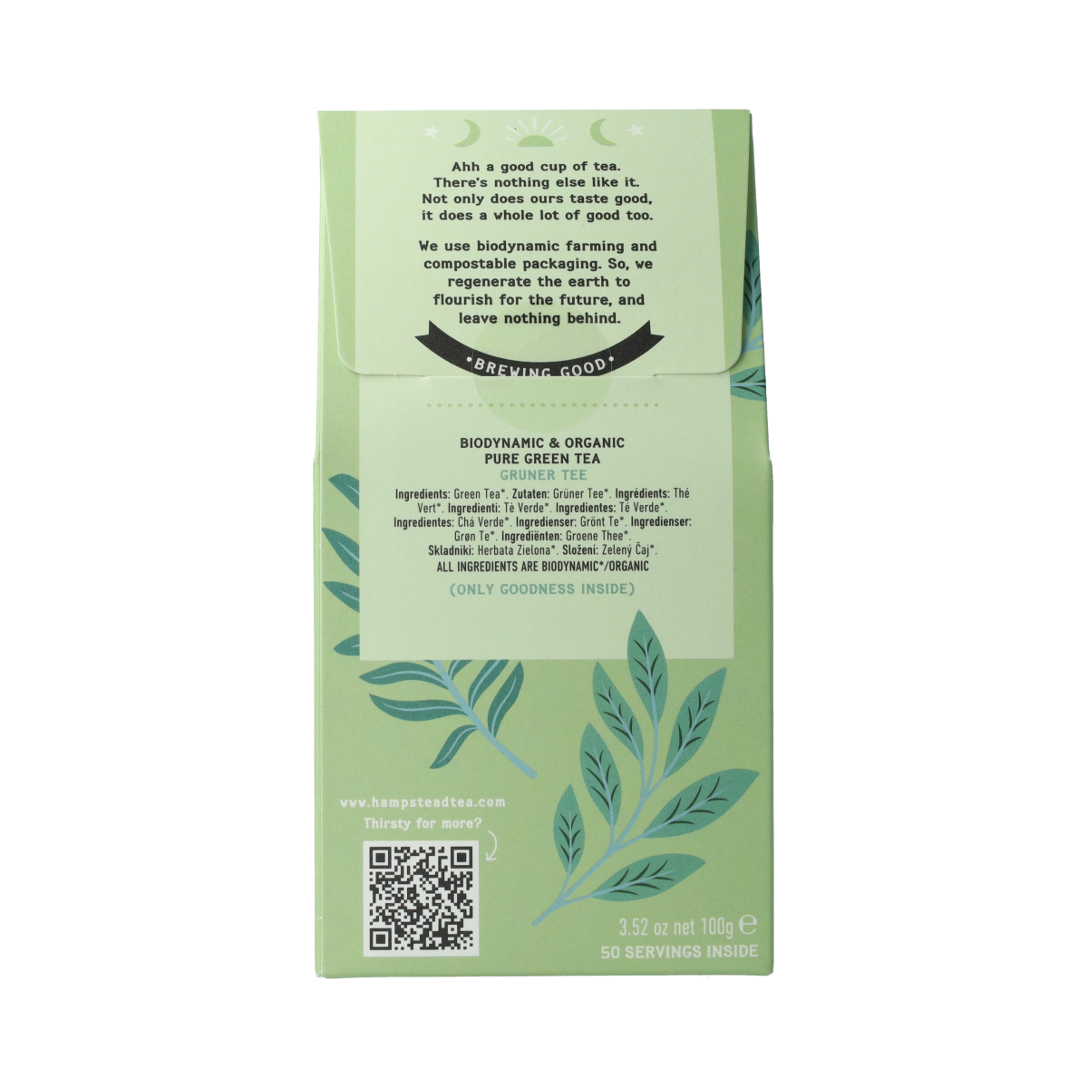 Hampstead Groene Thee los bio Demeter 100g, loose organic green tea leaves in a clear container, natural and fresh appearance.