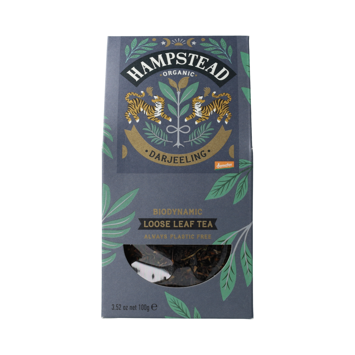 Hampstead Darjeeling loose organic bio Demeter tea in 100g package, showcasing tea leaves in a clear container.