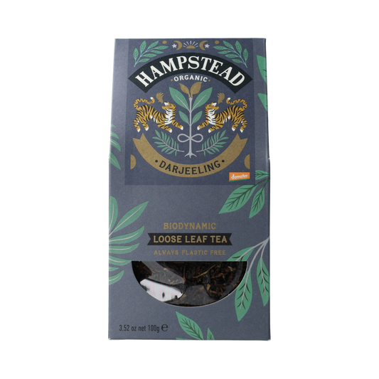 Hampstead Darjeeling loose organic bio Demeter tea in 100g package, showcasing tea leaves in a clear container.