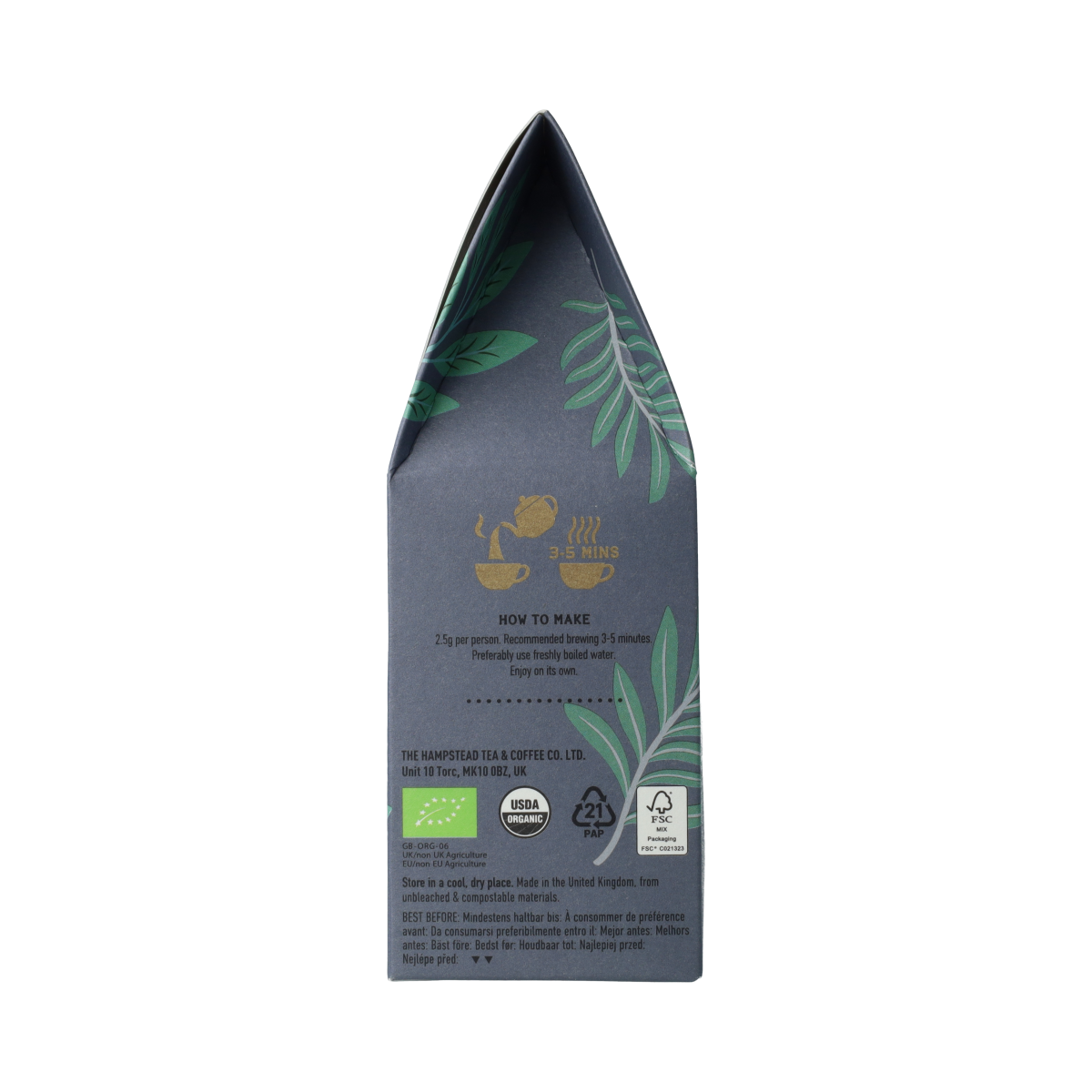 Hampstead Darjeeling loose organic Demeter tea in 100g package, showcasing the tea leaves in a clear container.