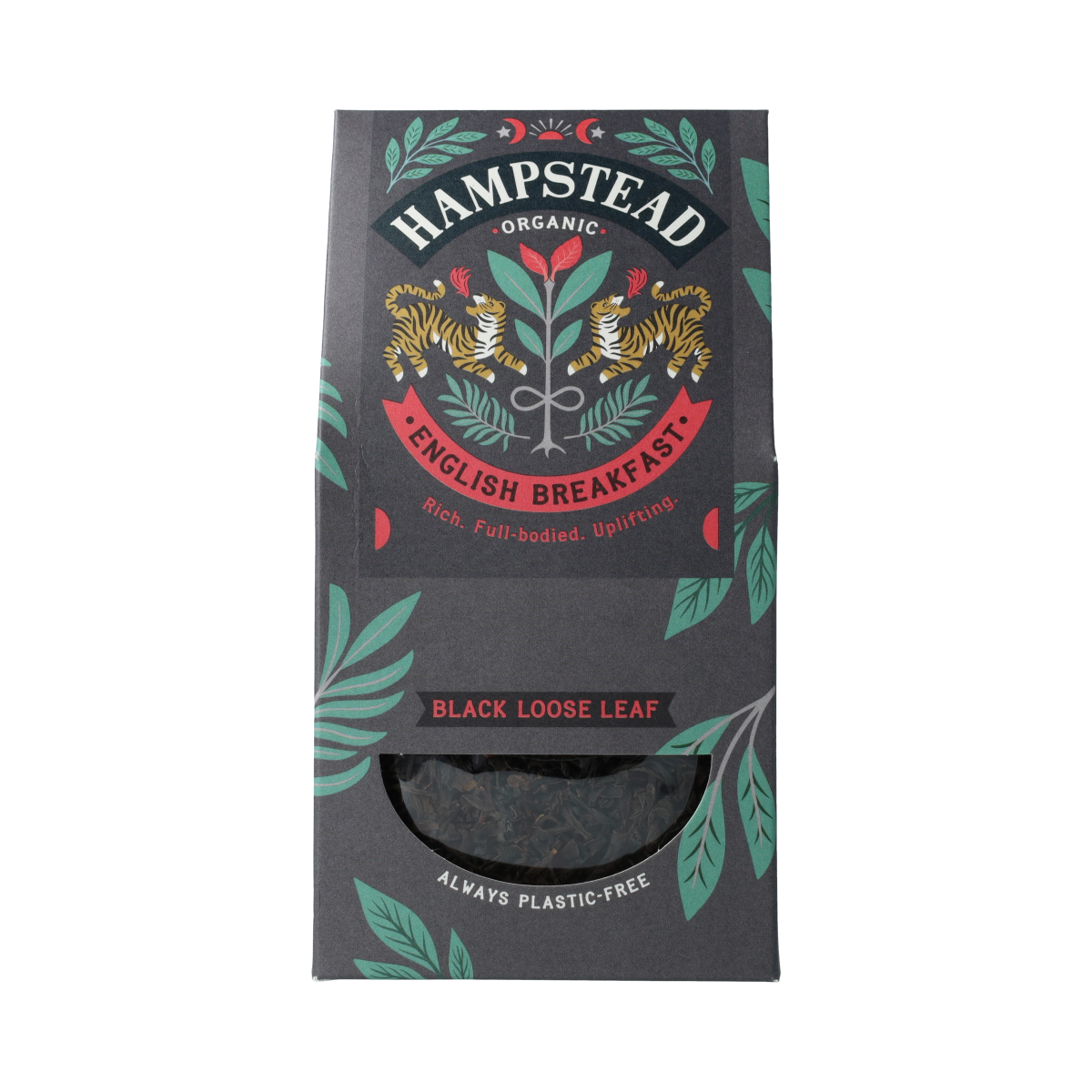 Hampstead English Breakfast loose bio tea in 100g package, showing the tea leaves in a clear container.