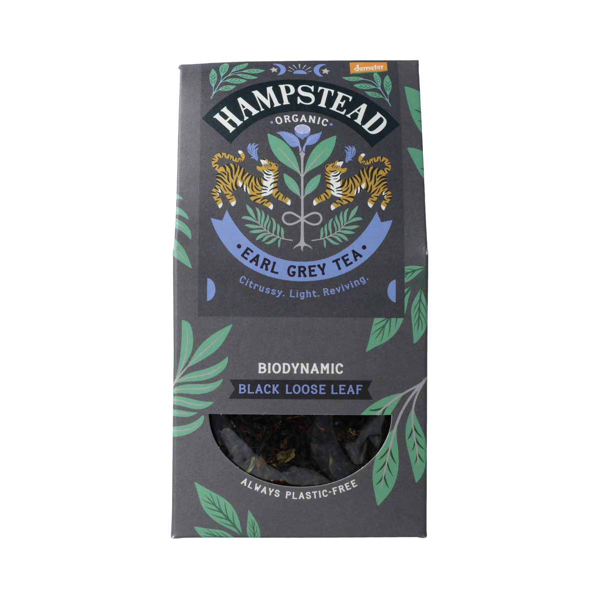 Hampstead Earl Grey loose bio tea in 100g package, showing the tea leaves and packaging label.