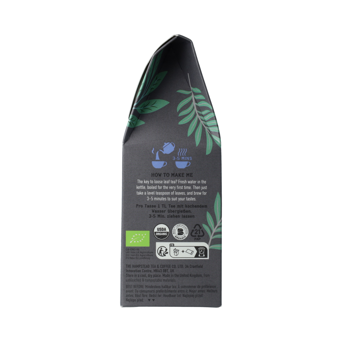 Hampstead Earl Grey loose bio tea in 100g package, premium organic black tea with bergamot flavor for brewing.