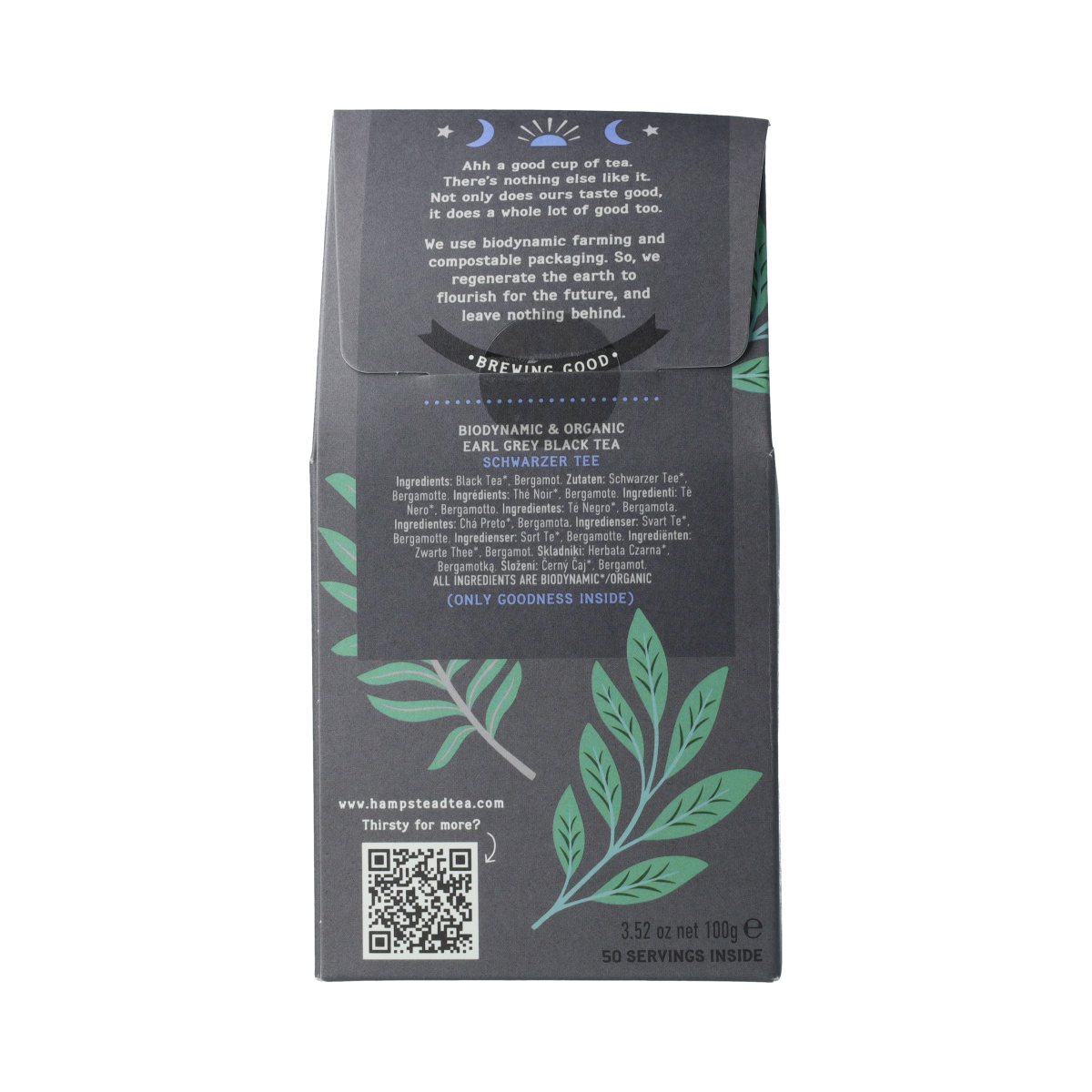 Hampstead Earl Grey loose bio tea in a 100g package, showcasing dried tea leaves and bergamot oil aroma.