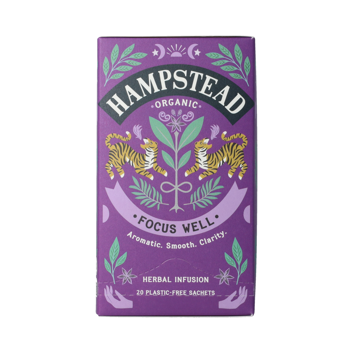 Hampstead Thee Focus Well Bio tea bags, 20 count, featuring herbal and organic ingredients in a clear package.
