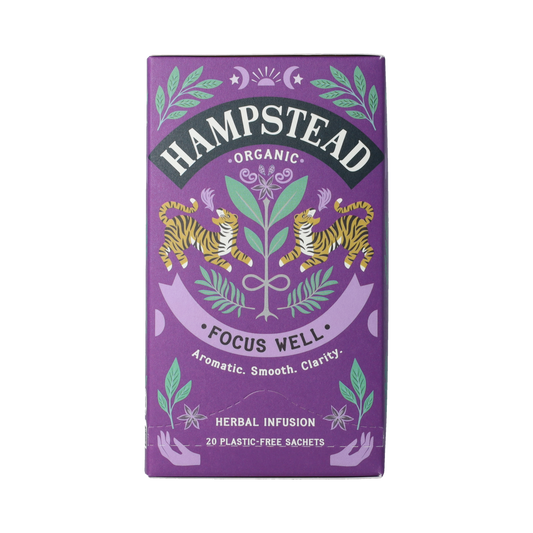 Hampstead Thee Focus Well Bio tea bags, 20 count, featuring herbal and organic ingredients in a clear package.