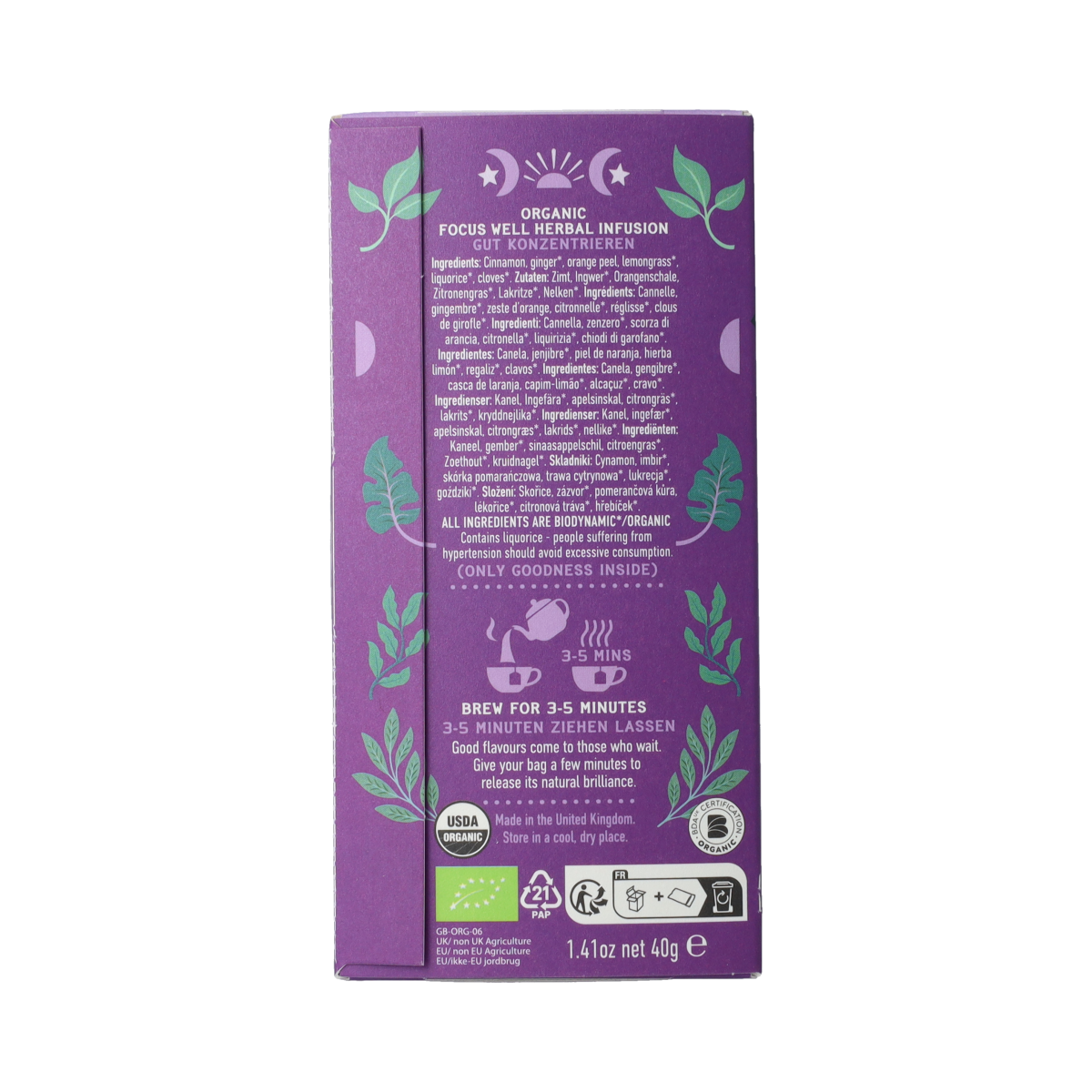 Hampstead Thee Focus Well bio tea in a box with 20 tea bags, natural herbal blend, and eco-friendly packaging.