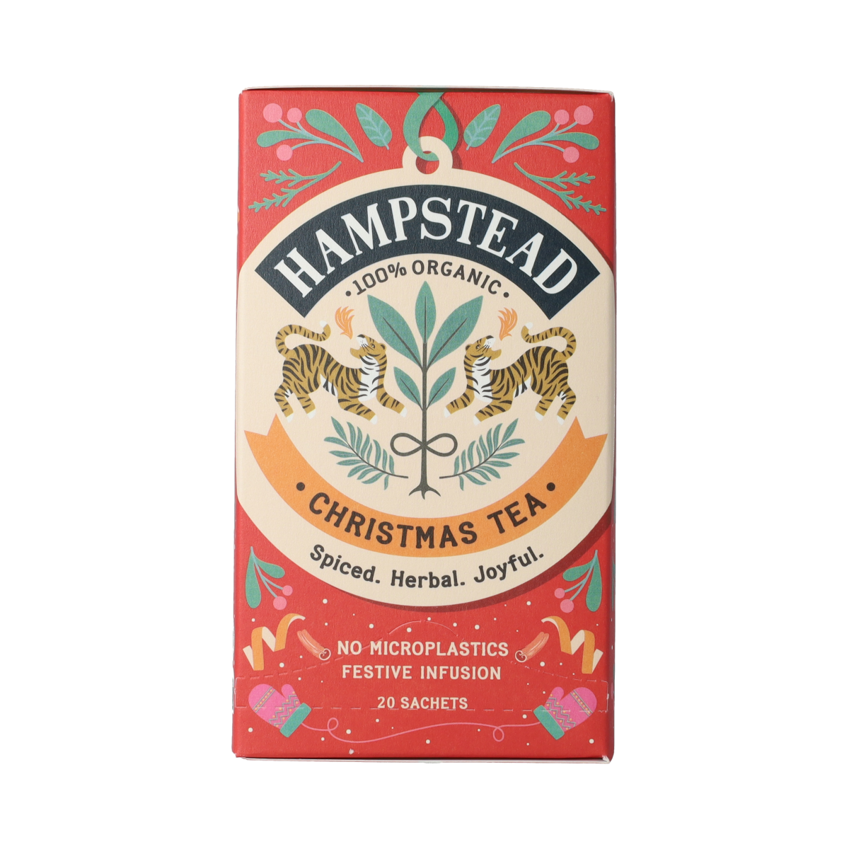 Hampstead Christmas bio tea box with 20 tea bags, featuring festive packaging and natural herbal ingredients.