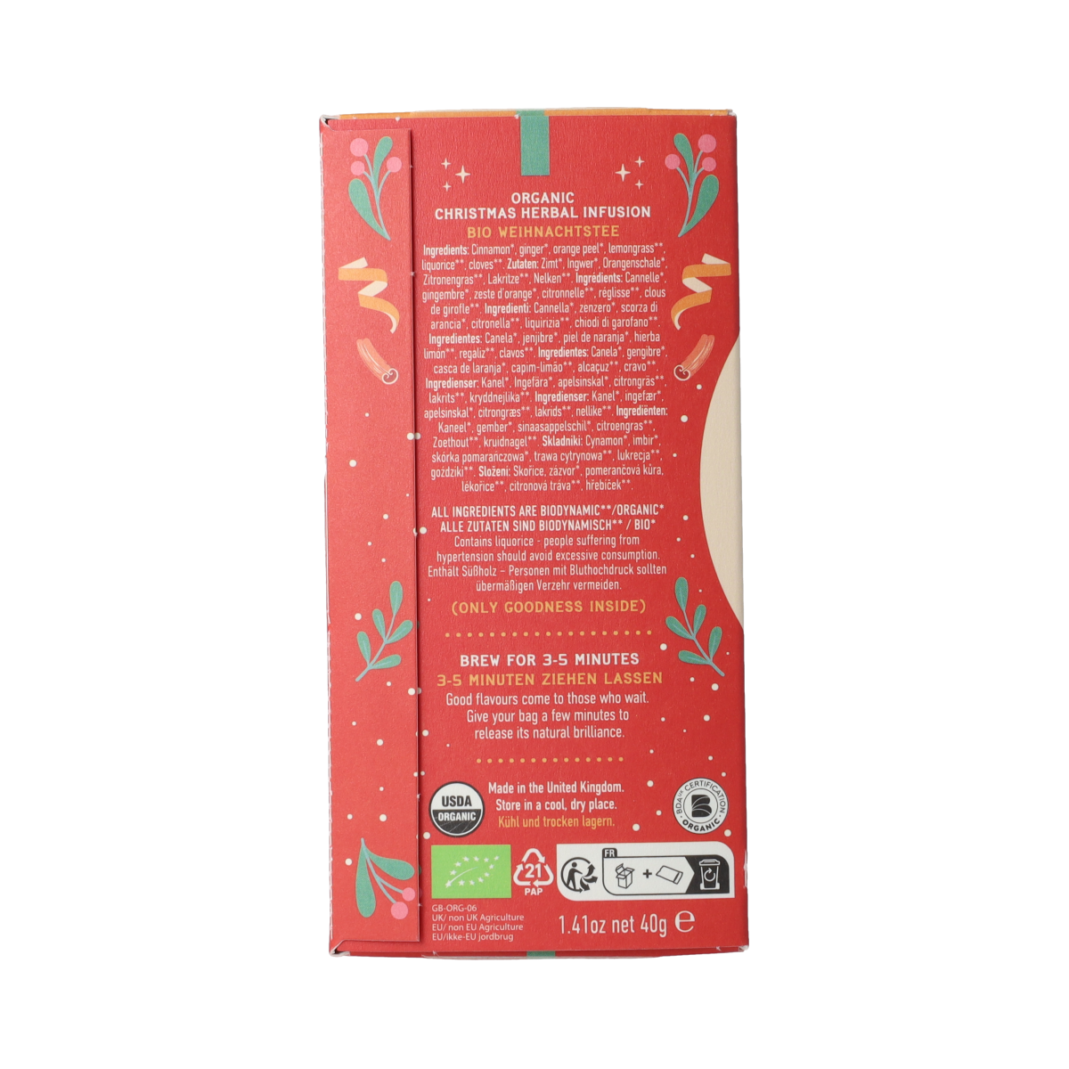 Hampstead Christmas tea bio box with 20 tea bags, showcasing festive packaging and natural herbal tea ingredients.