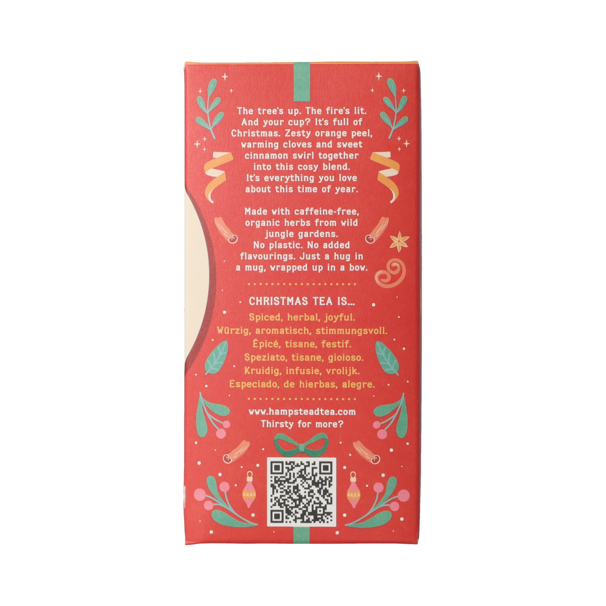Hampstead Christmas tea bio in 20 tea bags, organic herbal blend with festive flavors, in a decorative box.