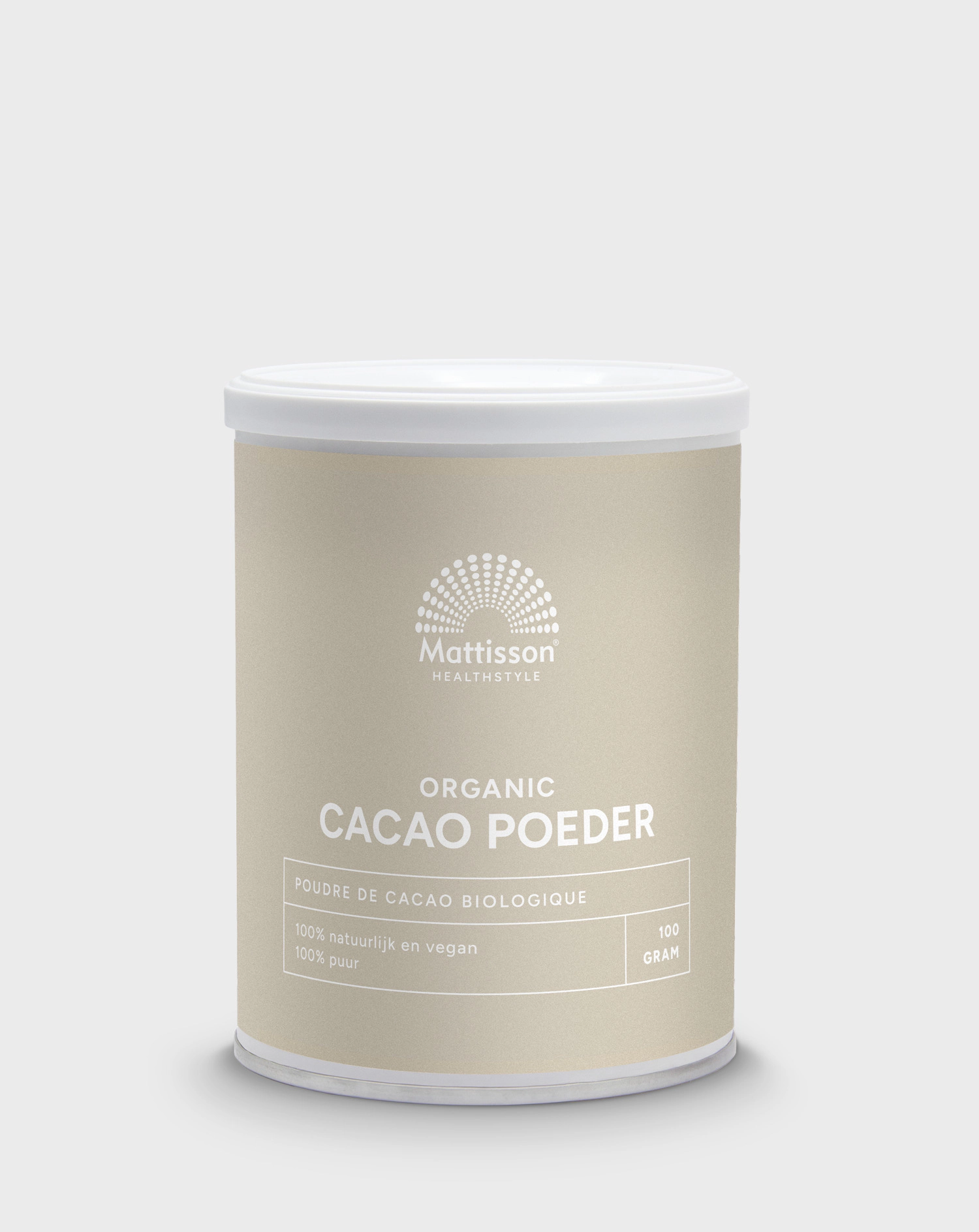 Organic Mattisson Cacao Powder in a 100g package, raw superfood rich in antioxidants and natural cacao flavor.
