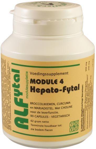 Vegetarische capsules van Alfytal Hepato-fytal leverformule, kruidensupplement voor leverondersteuning, in een open capsule container.