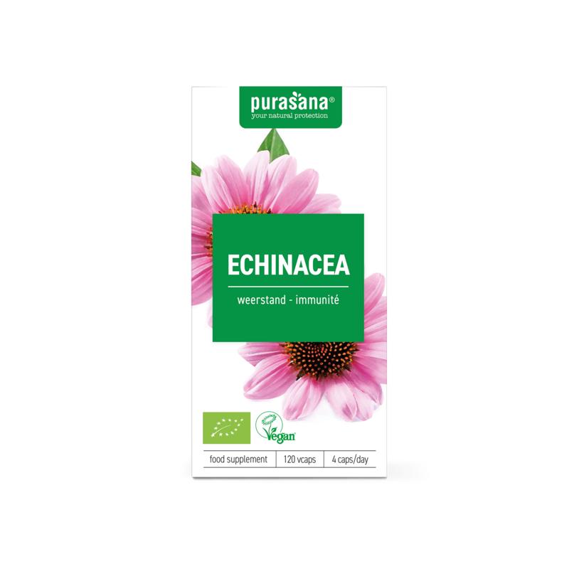 Purasana Echinacea vegan bio capsules, vegetarian herbal supplement in a clear plastic bottle with capsules visible inside.