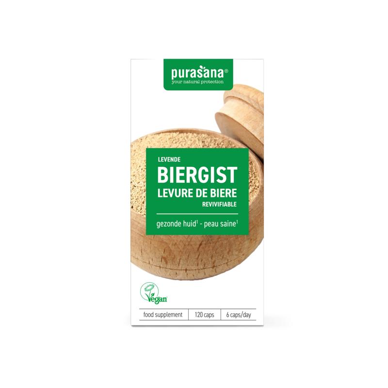 Purasana Levende biergist vegan capsules, herbal supplement in a bottle, showing 120 capsules on the label.