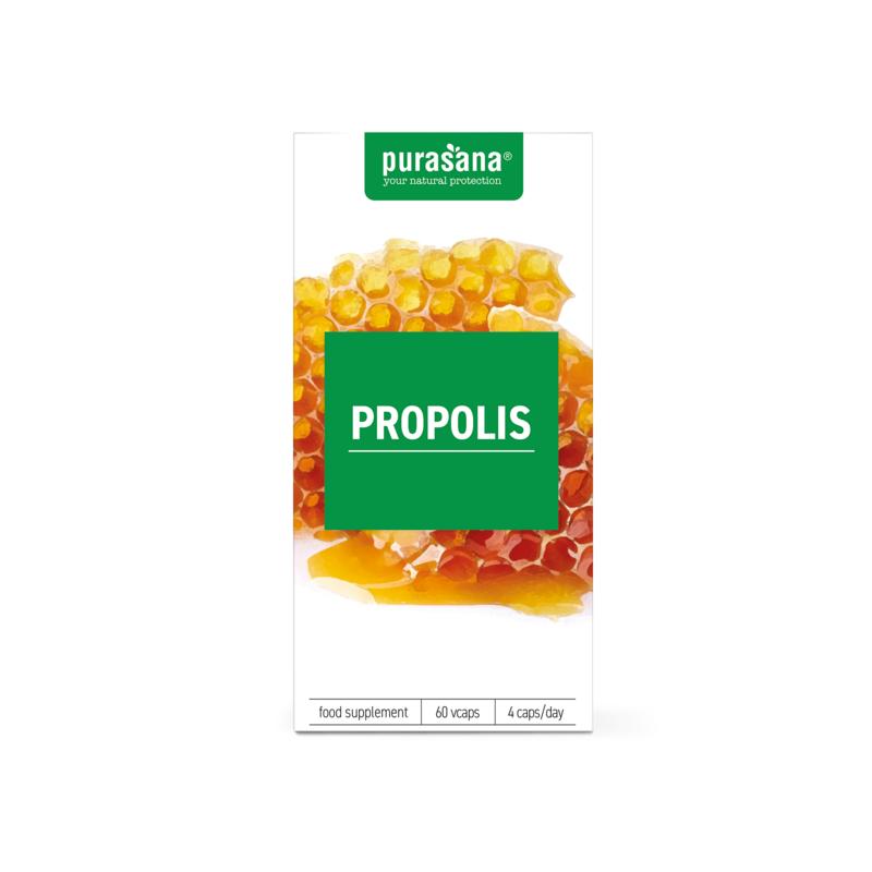 Purasana Propolis vegetarian capsules in a bottle, herbal supplement for immune support, from Purasana's herbal preparations line.