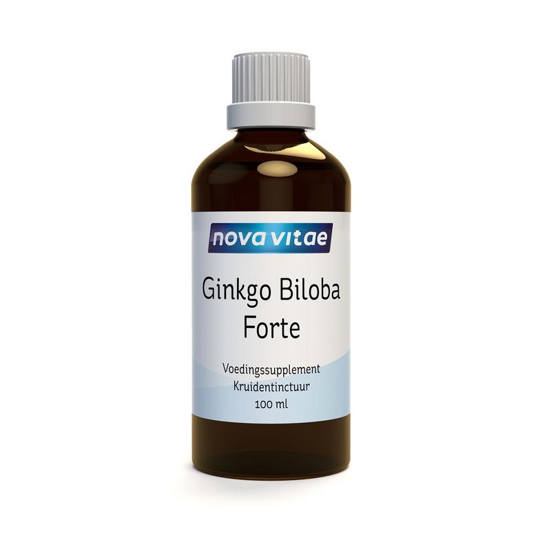 Nova Vitae Ginkgo biloba forte kruidenpreparaat in 100ml tinctuur, featuring fresh Ginkgo biloba leaves.