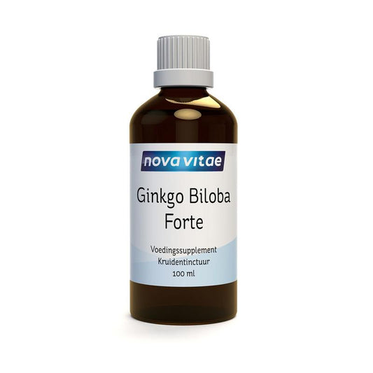 Nova Vitae Ginkgo biloba forte kruidenpreparaat in 100ml tinctuur, featuring fresh Ginkgo biloba leaves.