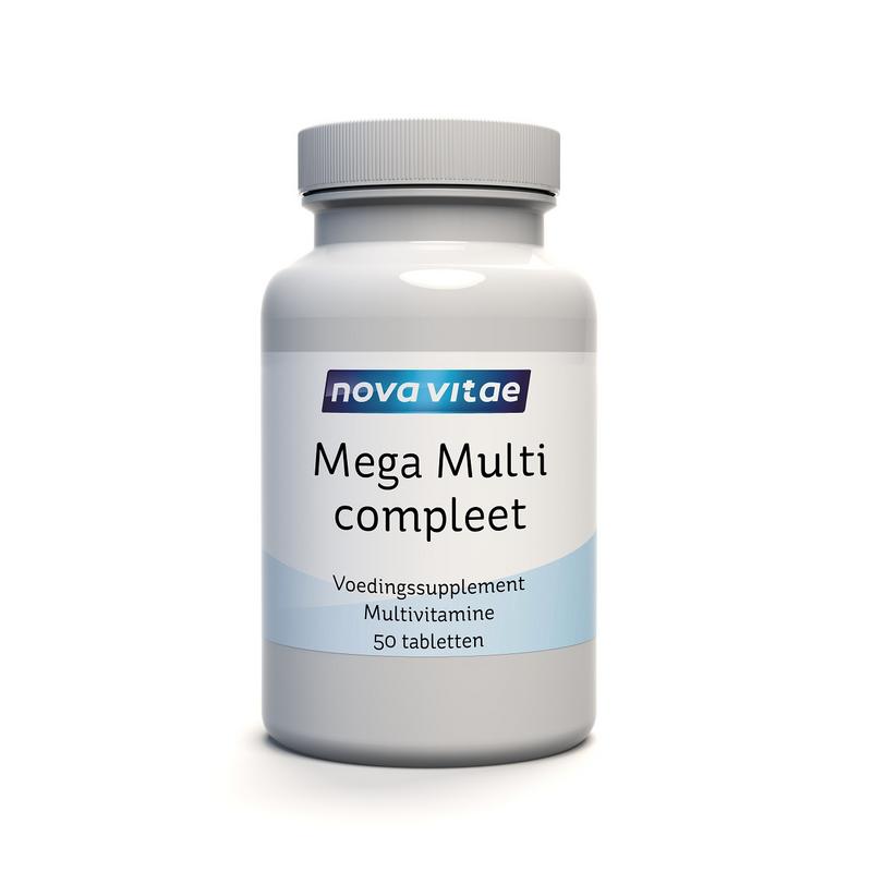 Nova Vitae Mega Multi Compleet vitamin tablet bottle with 50 tablets, showing the label and packaging.