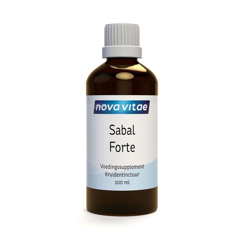 Nova Vitae Sabal forte kruidentinctuur in 100ml bottle, featuring saw palmetto berries for herbal supplement use.