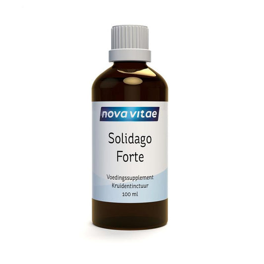 Bottle of Nova Vitae Solidago Forte herbal tincture in a 100ml dark glass bottle with label showing product details.