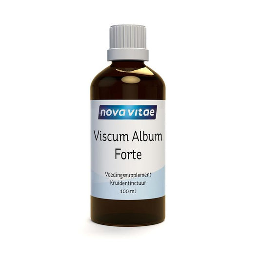 Nova Vitae Viscum album forte herbal tincture bottle with a white label and dropper cap, 100ml, in a natural setting.