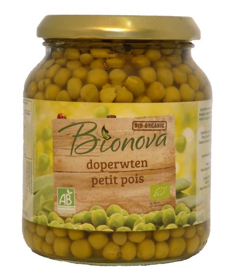 Bionova organic green peas in 350g pack, fresh and vibrant, displayed in a clear container.