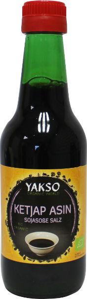 Yakso Ketjap asin bio sauce bottle, 250ml, in a glass container with label, used as a savory seasoning and flavor enhancer.