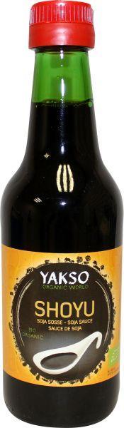 Bottle of Yakso Shoyu bio soy sauce in 250ml glass container, featuring the Yakso brand label and dark soy sauce inside.