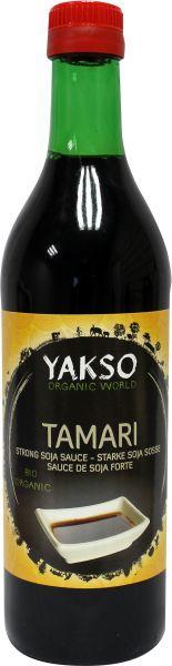 Organic Yakso Tamari sauce in a 500ml bottle, traditional soy sauce used as a flavorful condiment and cooking ingredient.